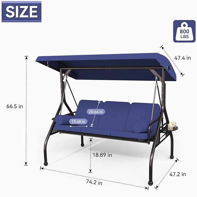 Oakcloud 3-Seat Outdoor Porch Swing with Adjustable Canopy, Large Converting Swing Chair, Patio Swing Glider with Pillows & Thick Cushions for Poolside Balcony Backyard (Blue)