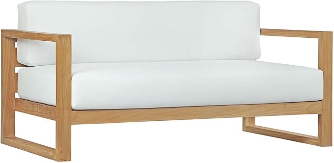 Modway Upland Teak Wood Outdoor Patio Sofa with Cushions in Natural White