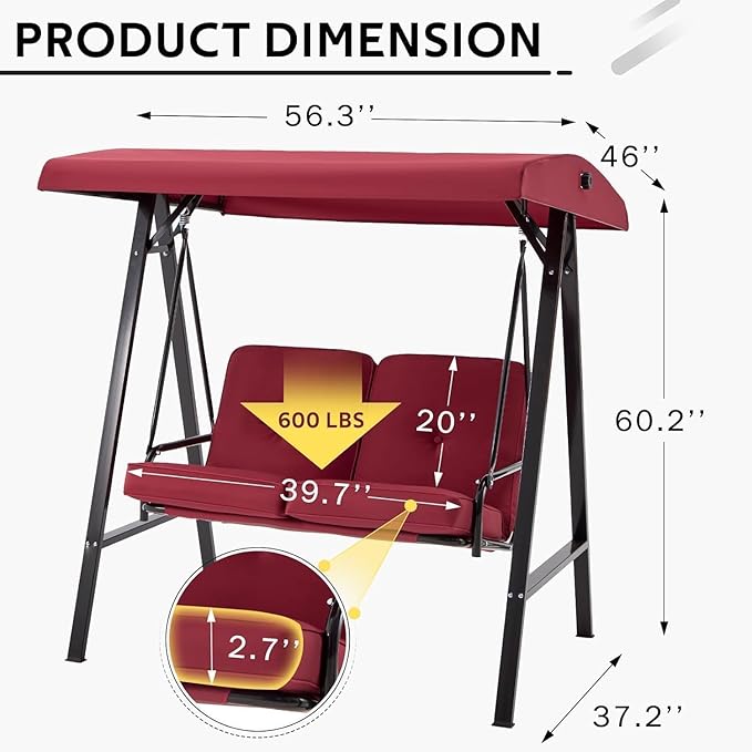 AECOJOY 2-Seat Outdoor Patio Swing Chair with Cover, Porch Swings Chairs for Adult, Outside Swing Bench with Adjustable Canopy&Removable Cushion, Red