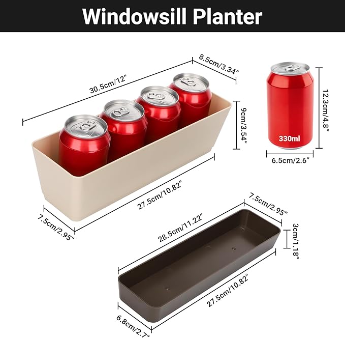 SUREAM 3 Pack Indoor Window Box Planter, 12x3.8 Inch Rectangle Herb Planter with Tray, Modern Small Succulent Cactus Flower Plastic Plant Pot for Window Sill, Garden Balcony, Office Shelf Decoration