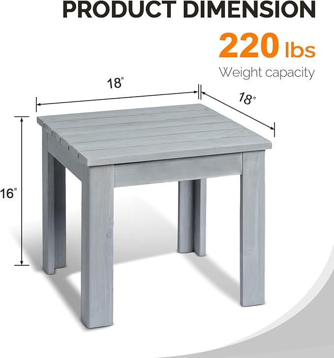 VINGLI Outdoor Wooden Side Table, Square Patio Side Table, Small Outdoor Table for Patio, Backyard, Garden, Poolside, Balcony, Adirondack Conversation End Table (Grey)