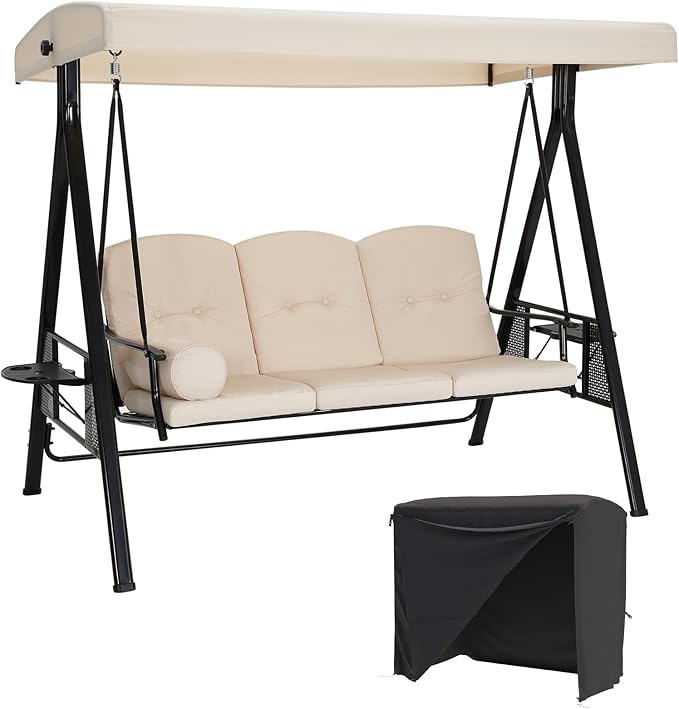AECOJOY Outdoor Porch Swing with Cover, 3-Seat Patio Swings with Adjustable Canopy, Outside Swing for Adult with Beige Removable Cushions for Backyard, Garden, Yard, Poolside, Balcony