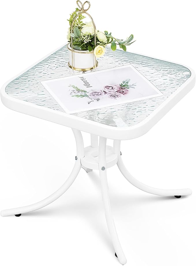 VINGLI Outdoor Side Table, 18in Patio Table Steel Frame Tempered Glass Top, Weatherproof Small Tables for Balcony Garden Poolside (White, Square)