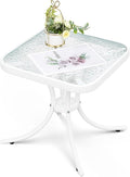 VINGLI Outdoor Side Table, 18in Patio Table Steel Frame Tempered Glass Top, Weatherproof Small Tables for Balcony Garden Poolside (White, Square)