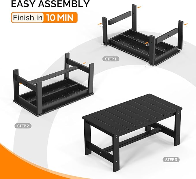 VINGLI Outdoor Coffee Table, HDPE Patio Coffee Table for Outside, All-Weather Rectangle Coffee Table for Deck, Garden, Balcony, Porch, Indoor & Outdoor Use, Black
