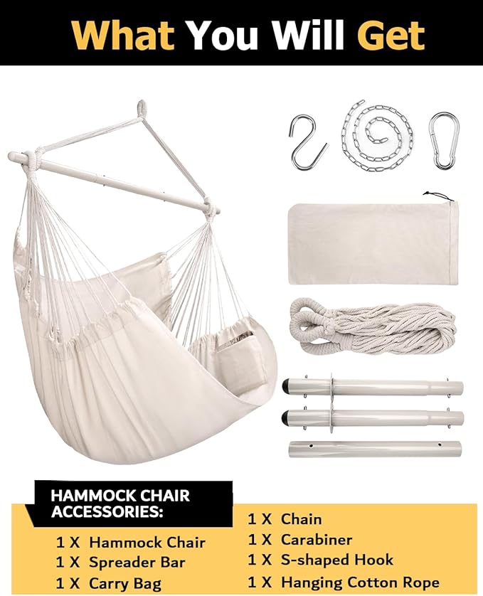 ADVOKAIR Hammock Chair Large 70.9"x47.2", 32% Bigger XXL Hanging Swing Chair with 500lbs Capacity, Heavy Duty Steel Spreader Bar, Extra Roomy Comfort for Adult Indoor Outdoor Bedroom Patio