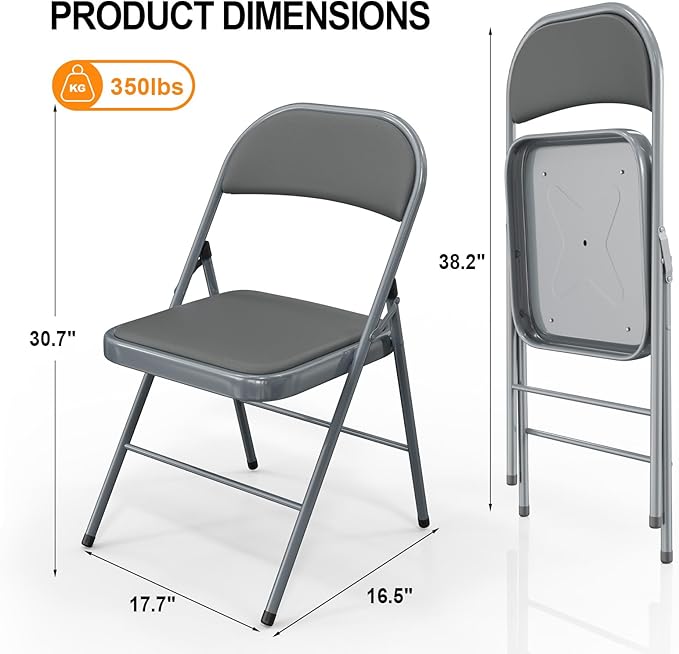 VINGLI 8 Pack Folding Chairs with Padded Seats, Metal Frame with Pu Leather Seat & Back, Capacity 350 lbs, Gray