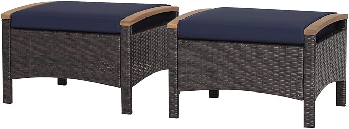 RELAX4LIFE Outdoor Wicker Ottomans for Patio - 2 Pieces PE Rattan Ottoman, Footrest Seat with Zippered Cushions, Acacia Wood Handles, 3-in-1 Footstool, Side Table for Poolside, Backyard (Navy)