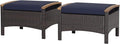 RELAX4LIFE Outdoor Wicker Ottomans for Patio - 2 Pieces PE Rattan Ottoman, Footrest Seat with Zippered Cushions, Acacia Wood Handles, 3-in-1 Footstool, Side Table for Poolside, Backyard (Navy)