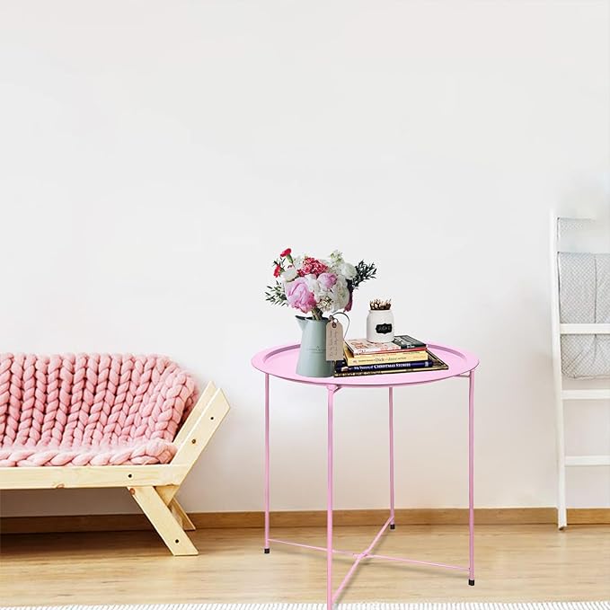 Garden 4 you End Table 2 PCS Metal Side Table Pink Round Folding Tray Cyan Sofa Small Accent Fold-able Table, Round End Table Tray, Next to Sofa Table, Snack Table for Living Room and Bed Room