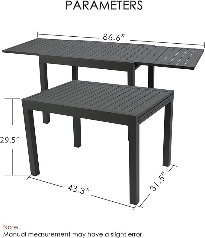 Kozyard Villa Expandable Patio Dining Table - Adjustable, Aluminum Outdoor Furniture for 4-6 Person, Perfect for Backyard, Porch, Deck, Garden - Dark Grey, 43"- 86"