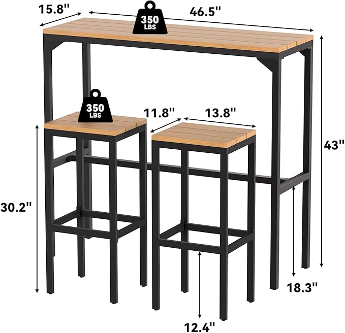 AECOJOY 3-Piece Outdoor Bar Set, Patio Bar Height Table and Chairs Set 47" Rectangular Pub Height Bar Table with 2 Bar Stools Patio Pub Bar Set for Balcony, Porch