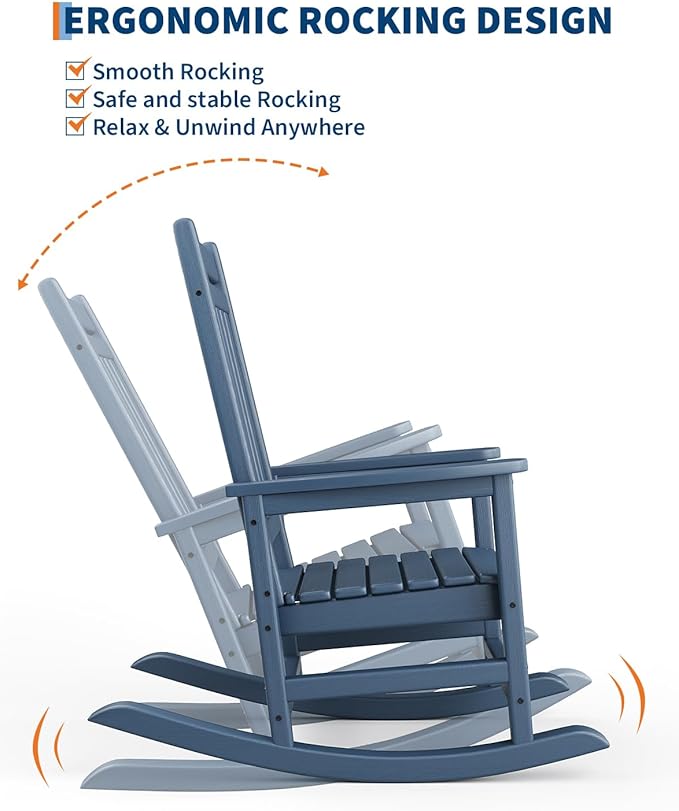 GarveeLife Poly Lumber Rocking Chair Outdoor Set of 6 - HDPE High Back Porch Rocker Chairs for Adults - All Weather Resistant Furniture for Patio - Navy Blue