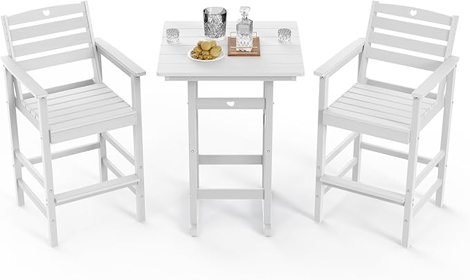 Patio Bar Table,Adirondack Chairs and Table 3 Pieces Set, Bar Height Chairs Set of 2 and Bar Table, Outdoor Bar Stools Set,Weather-Resistant Outdoor Furniture for Deck, Balcony, Poolside Easy Assembly