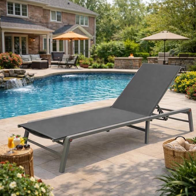 Kozyard Outdoor Foldable Lounge Chair, Aluminum Frame Patio Lounger with 5-Position Adjustable Backrest, Breathable Textilene Fabric, Assemble-Free, Reclining & Full-Flat Poolside (Gray, No Table)