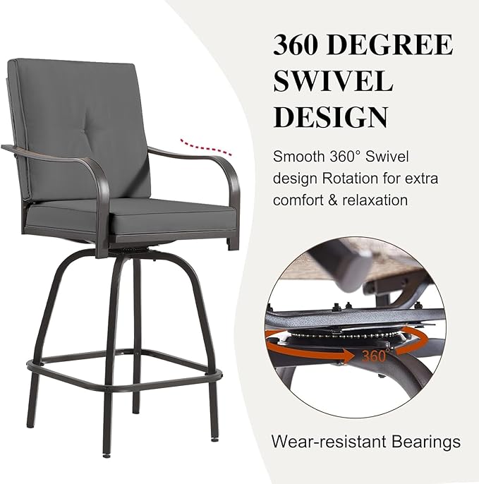 Patio Swivel Bar Stools, Outdoor Bar Height Swivel Chairs Set of 2 with Cushion & All Weather Steel Frame for Backyard, Lawn, Poolside and Balcony, Dark Grey