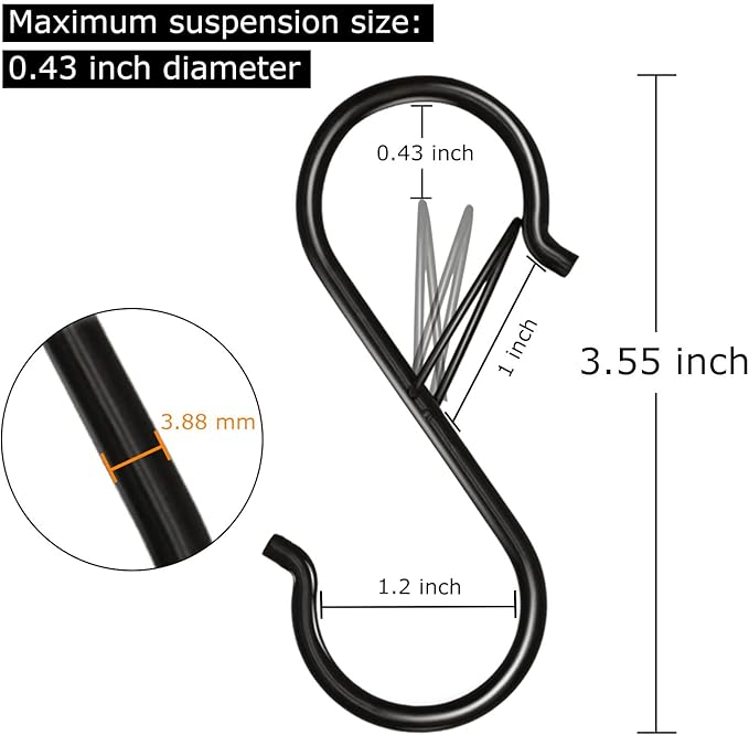 48 Pack S Hooks for Hanging, 3.5 inch Heavy Duty Metal S Hooks with Safety Buckle S Shaped Hooks Pot Rack Closet Hooks for Hanging Plants, Clothes, Kitchen Utensil, Pots, Pans, Bags (Black)