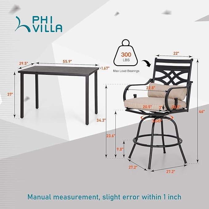 PHI VILLA 5 Piece Patio Bar Set,Outdoor Bar Table and Chairs Set, Strong and Heavy Duty Outdoor Bar Set with Cushion and Pillow，4PC Swivel Bar Stools with Rectangular Bar Height Table