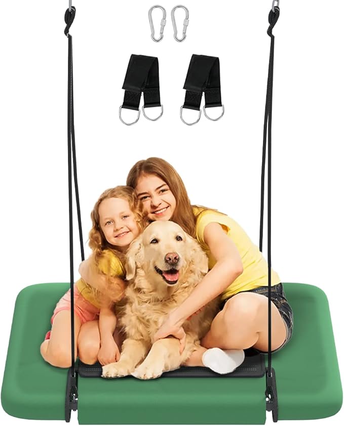 40" Retangular Tree Swing for Kids & Adults, Adjustable Platform Swing with Hanging Straps, 700lbs Capacity, Waterproof Giant Swings for Backyard Outdoor & Indoor Use, Green & Black