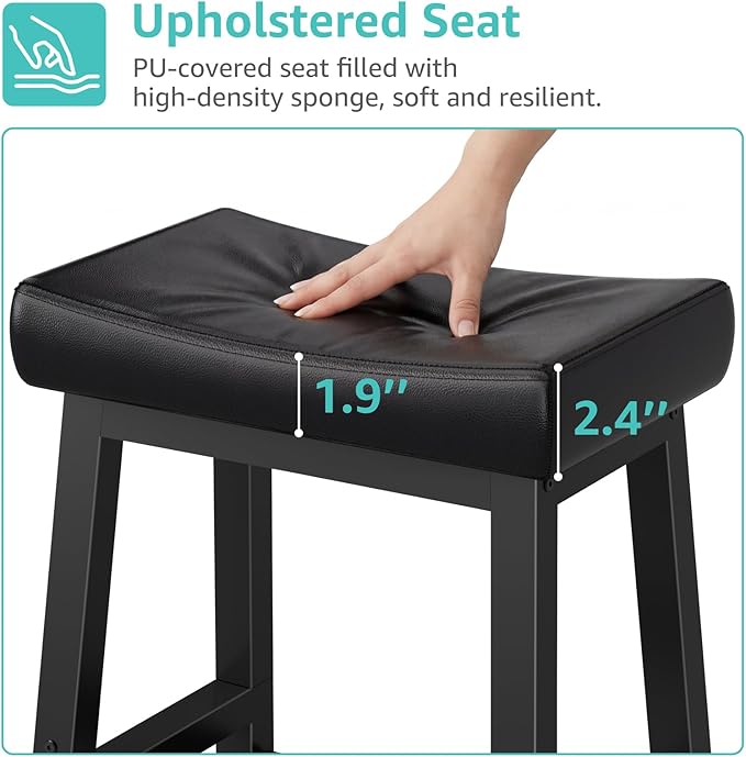 24 Inch Bar Stools for Kitchen Island, Kitchen Chairs Counter Height Stools with Footrest, Black Saddle Leather Barstools Heavy Duty for Dining Table Farmhouse Outdoor, 1 PC