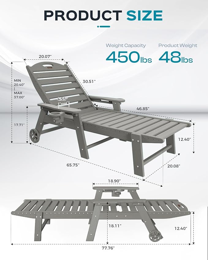 Outdoor Chaise Lounge Chair Set of 2, Patio Lounge Chairs for Outside, HDPE Lounge Chairs with Wheels & Cup Holder, Poly Lounge Chair with 5 Position for Poolside, Deck, Grey