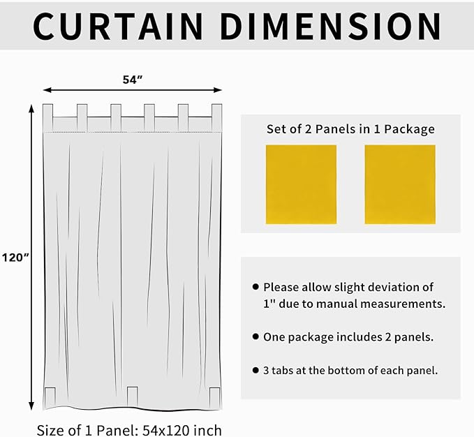 Easy-Going Outdoor Patio Curtains Detachable Tab Top Windproof Weatherproof Curtain for Cabana, Porch, Pergola and Gazebo, Tab Bottom Drape, 2 Panels, 54W x 120L inch, Yellow