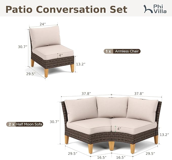 PHI VILLA 3-Piece Wicker Patio Furniture Set, Outdoor Curved Sectional Sofa Conversation Set with Cushions, Half-Moon Modular Couch for Garden, Deck, Backyard, Beige