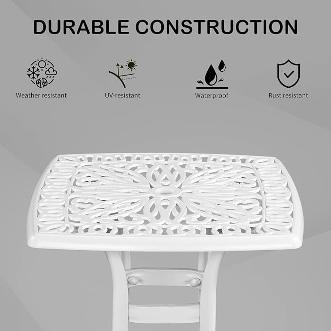 VINGLI 21” Cast Aluminum Outdoor Side Table with 1.6” Umbrella Hole, All Weather Square Patio Coffee Table Bistro Table End Table for Yard Porch Poolside(White)…