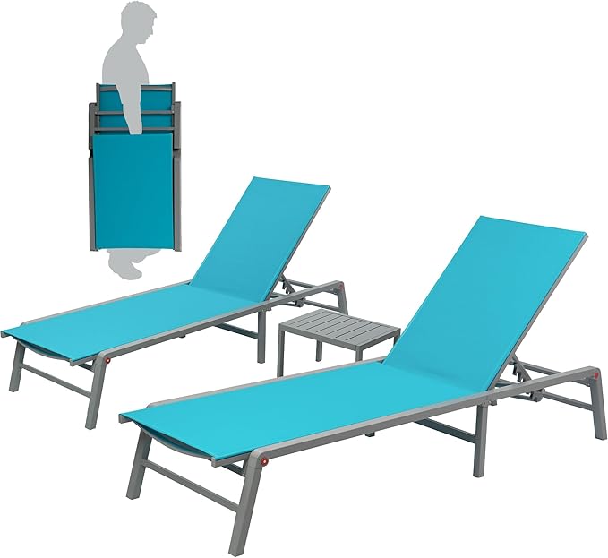 Kozyard 3-Pieces Patio Lounge Set with 2 Foldable Adjustable Lounge Chairs and Side Table, Aluminum Frame, Breathable Textilene Fabric, Assemble-Free, Reclining to Flat for Pool, Beach (Aqua)