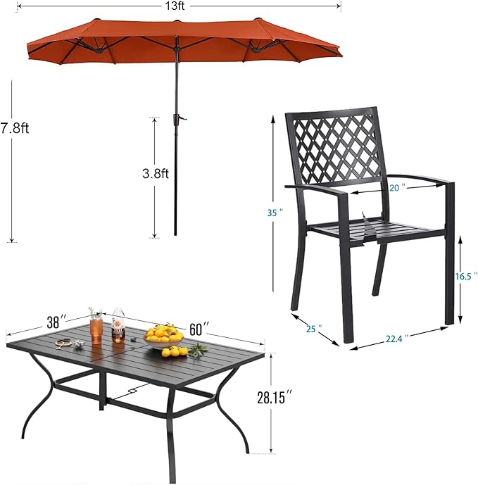 PHI VILLA 8 Piece Patio Dining Set with 13ft Double-Sided Patio Umbrella,Metal Outdoor Table Furniture Set with 6 Outdoor Stackable Chairs, 1 Rectangle Dining Table and 1 Large Umbrella