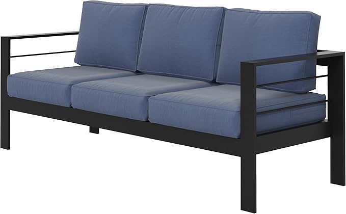 Wisteria Lane Patio Furniture Aluminum Sofa, All-Weather Outdoor 3 Seats Couch, Black Metal Chair with Blue Cushions