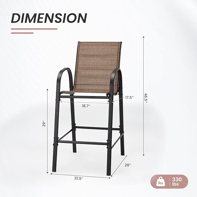 HOMREST Outdoor Bar Height Stools Set of 6,Stackable Patio Chairs with Armrests, High Back Textilene Chairs with Breathable Fabric & Metal Frame for All Weather,Brown