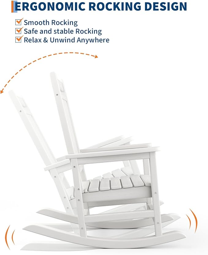 GarveeLife Poly Lumber Rocking Chair Outdoor Set of 2 with Side Table - HDPE High Back Porch Rocker Chairs for Adults - All Weather Resistant Furniture for Patio - White