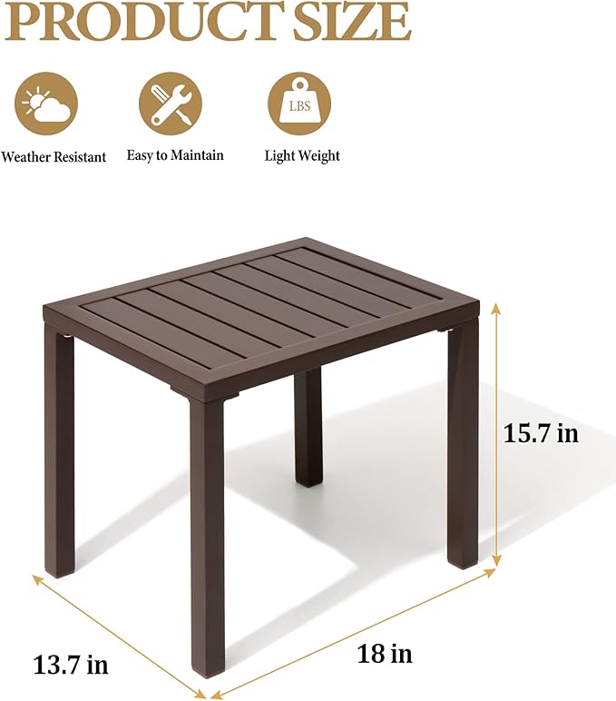 Crestlive Products Outdoor Side Table Set of 2, Aluminum Small Rectangular Weather Resistant Coffee End Tables for Patio Balcony Pool Deck (Brown)