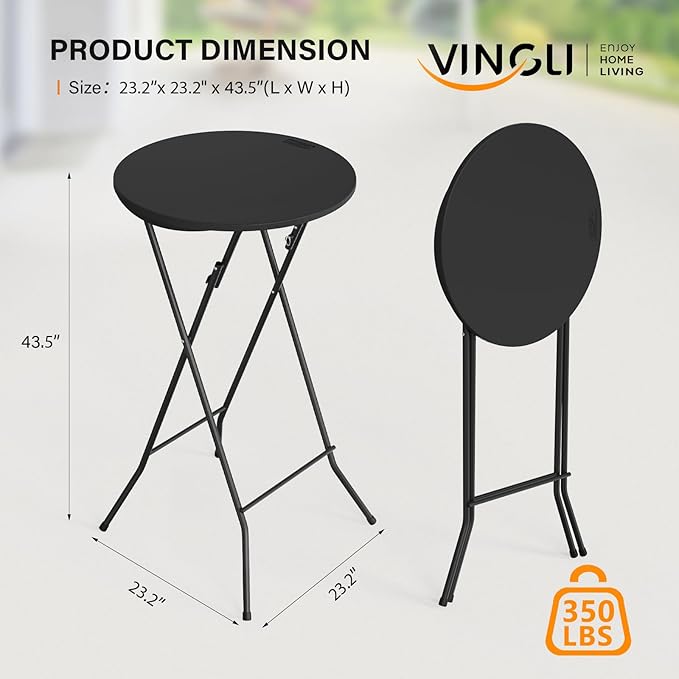 VINGLI 24" Plastic Folding Round Table Bar Height, HDPE Matrial with Gray Metal Finish, High Top Table for Outdoor Party, Cafes, Restaurants, Backyard, Dining Room, Wedding Event,1 Pack, Black