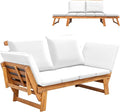 Greesum Patio Convertible Couch Sofa Bed with Adjustable Armrest, Acacia Wood Outdoor Daybed with Cushion & Pillow, Folding Chaise Lounge Bench for Porch Courtyard Poolside，White