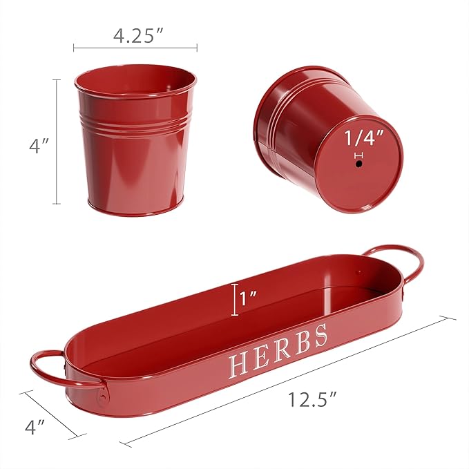 Barnyard Designs Indoor Herb Garden Planter Set with Tray, Metal Windowsill Plant Pots with Drainage for Outdoor or Indoor Plants, Set/3 (Brick Red)