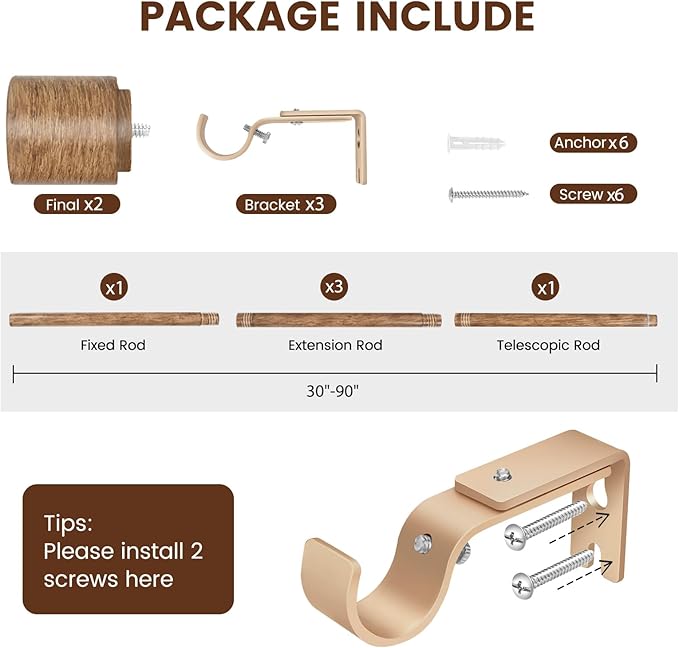 1” Diameter Curtain Rods Itself is 30 to 90 inch 1 Pack Fit 30-84 inch Window with Heavy Duty Adjustable Rod Matte Wood Grain Splicing Metal Extra Long Curtain Rod for Windows