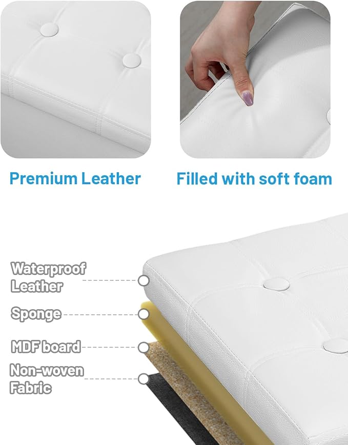 AmasSmile Storage Ottoman Folding Foot Rest Stool, Leather Footstool Bench, Short Ottoman Stool, Storage Foot Rest Store, Books (White, 17" D x 13" W x 13" H)