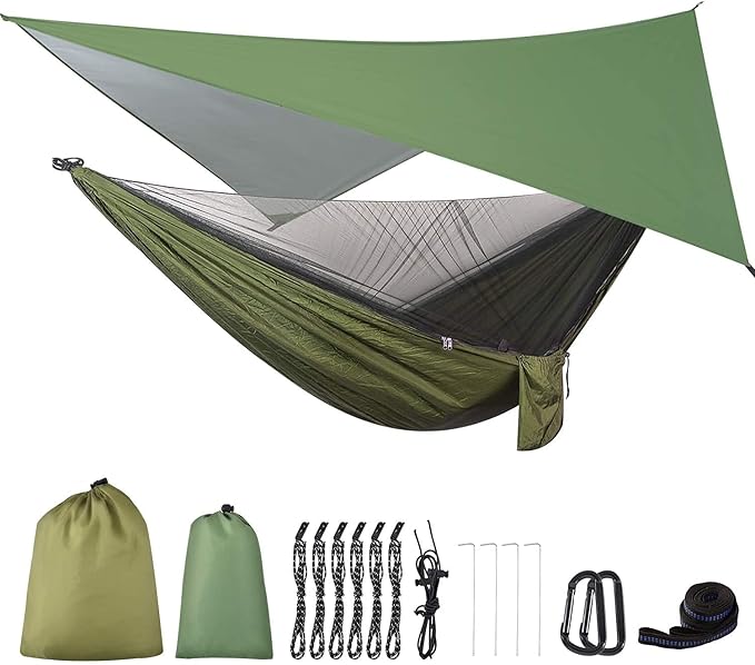 Camping Hammock with Rain Fly Tarp and Mosquito Net Tent Tree Straps, Portable Single Double Nylon Parachute Hammock Rainfly Set for Backpacking Hiking Travel Yard Outdoor Activities Green