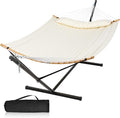 Outdoor Hammock with Stand Included, Two Person Hammock with Curved Spreader Bar, Pillow and Portable Bag, 450 Lbs Capacity, Beige