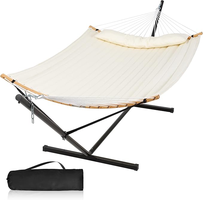 Outdoor Hammock with Stand Included, Two Person Hammock with Curved Spreader Bar, Pillow and Portable Bag, 450 Lbs Capacity, Beige