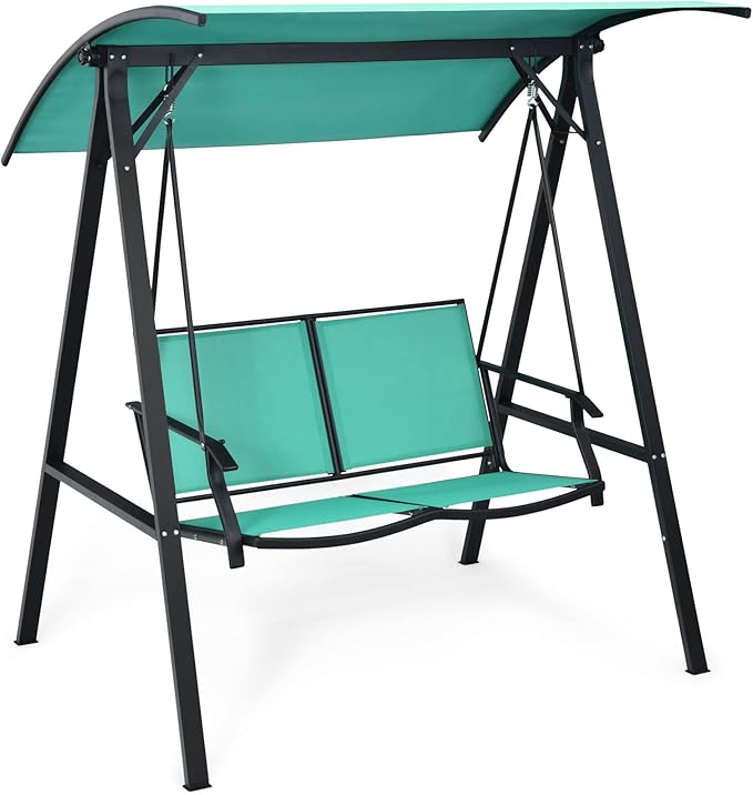 Tangkula 2-Person Patio Swing, Weather Resistant Porch Swing with Adjustable Canopy, Steel Frame, Outdoor Modern Canopy Swing with Handrails, Suitable for Porch Garden Poolside (Green)