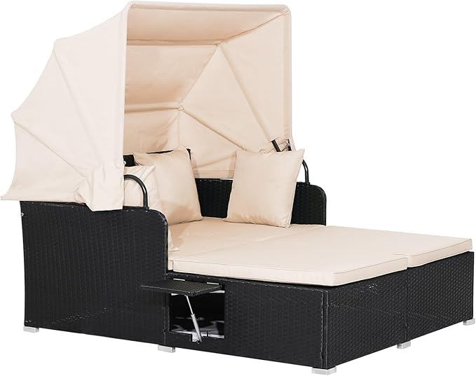RELAX4LIFE Patio Outdoor Daybed with Canopy, Wicker Sunbed w/Cushions, 4 Pillows & 2 Retractable Side Trays, 2-Person Lounge Bed Conversation for Poolside Porch Garden, Rattan Outdoor Bed (Beige)