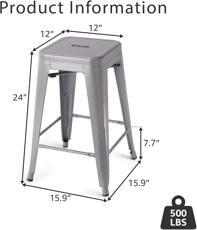 Stackable Metal Bar Stool Backless Indoor-Outdoor Counter Stools Fullmetal Dinning Chairs Set of 4 (Grey, 24 Inch)