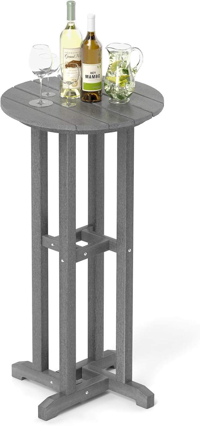 Tangkula 21.5" Round Bar Table, Patio HDPE Bar Height Dining Table w/Slatted Tabletop, Outdoor All-Weather High-Top Bistro Table for Poolside, Backyard, Balcony (Grey)