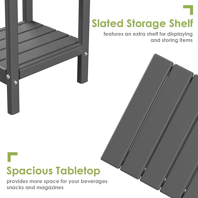 GREENVINES Adirondack-Outdoor-Side-Table | Set of 4 | 14 x 13 Inches | HDPE Plastic | All Weather | Grey | Outside End Tables | Storage Shelf | for Patio Porch Backyard Indoor