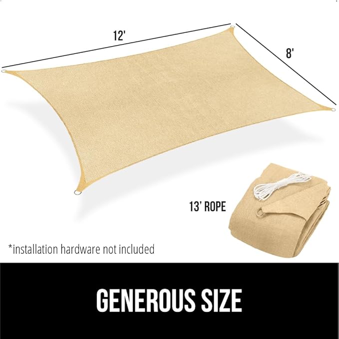 GORILLA GRIP Heavy Duty Sun Shade, UV Protection Fade Tear and Rust Resistant Rectangle Sunshade Canopy, Curved Edges Blocks Sunlight, Breathable Sail, Outdoor Patio, Lawn Garden, 8x12 FT Sand