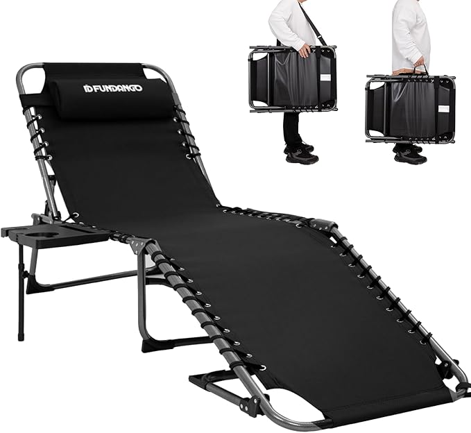 FUNDANGO Chaise Lounge Chair Outdoor, 5-Position Folding Tanning Chair with Detachable Side Table & Pillow, 180° Lay Flat Portable Beach, Heavy Duty U-Frame for Patio, Pool, Lawn, 265lbs (Black)