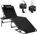FUNDANGO Chaise Lounge Chair Outdoor, 5-Position Folding Tanning Chair with Detachable Side Table & Pillow, 180° Lay Flat Portable Beach, Heavy Duty U-Frame for Patio, Pool, Lawn, 265lbs (Black)